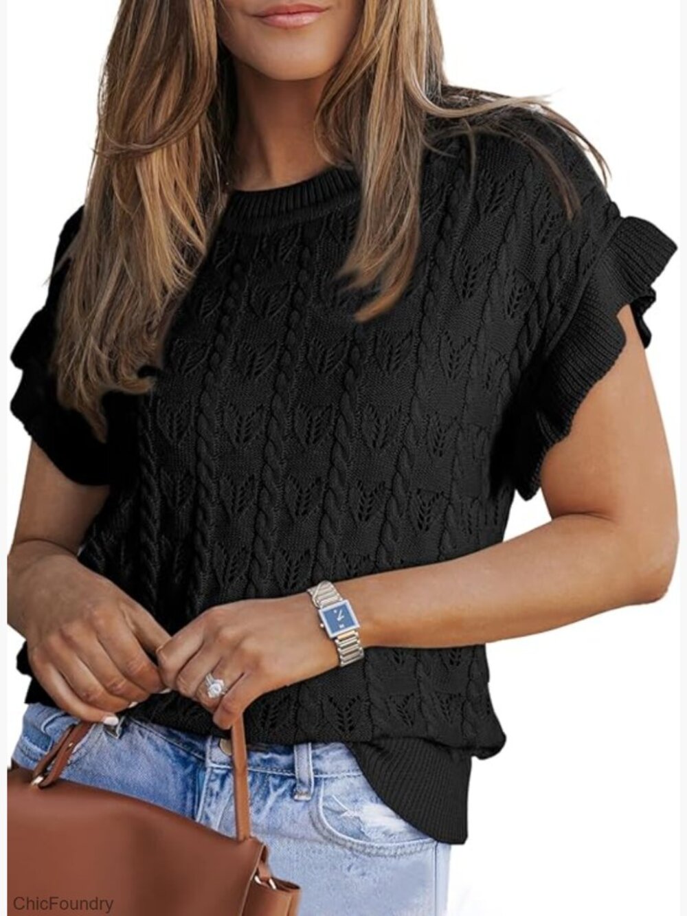 Lightweight Crochet Pullover Short Sleeve Sweater Business Casual Blouse